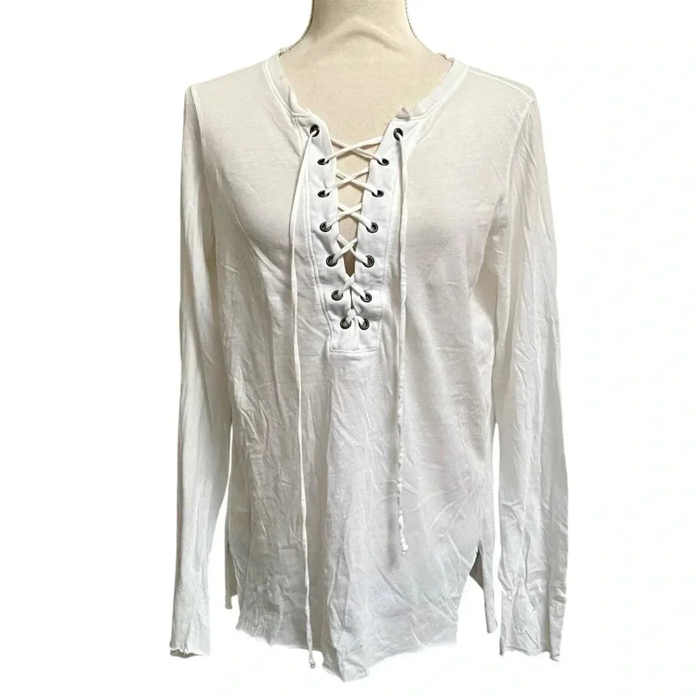 NSF White Lace Up Cotton Long Sleeve Lola Tee Top Small - Picture 2 of 13